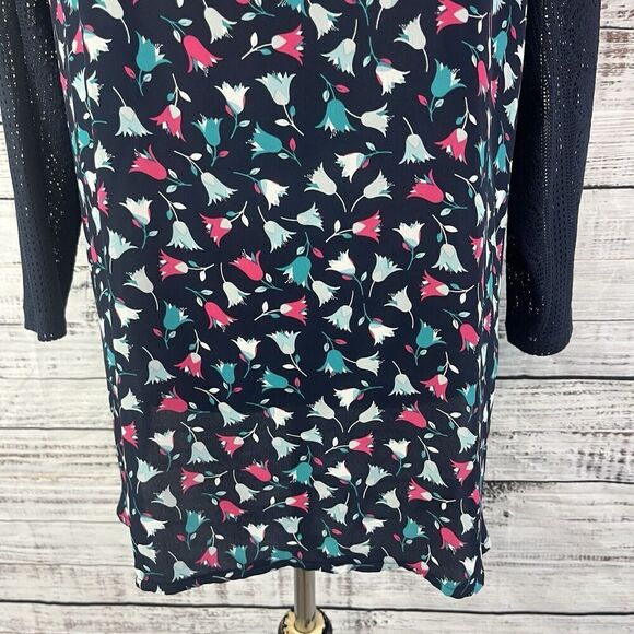 Van Heusen Blouse Tunic size Extra Large Navy Blue Pink Teal Tulips Lace Sleeves - Picture 6 of 11
